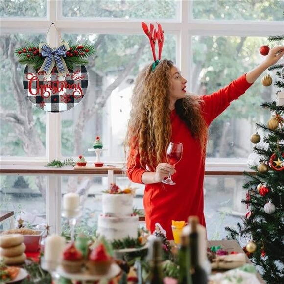 Merry Christmas Wreath for Front Door Buffalo Plaid Christmas Decoration (Black) - Picture 2 of 6